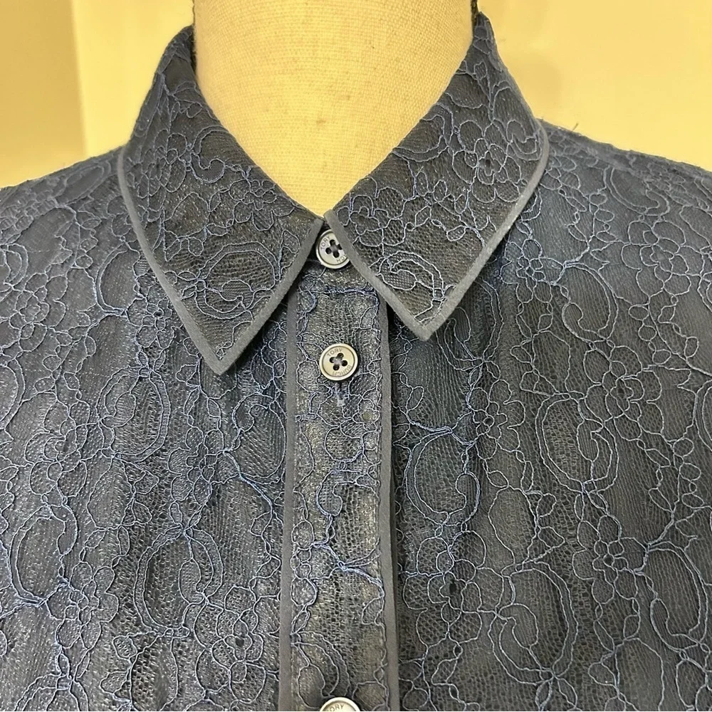 Tory Burch Navy Blue Lace Mesh Long Sleeve Blouse Top Size 8